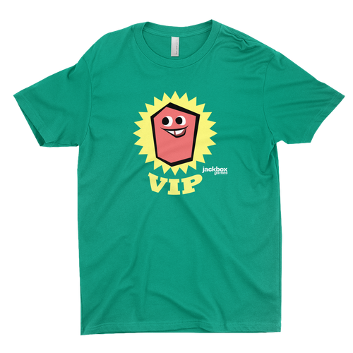 green tee with a red Quip character inside a gold starburst with VIP lettering