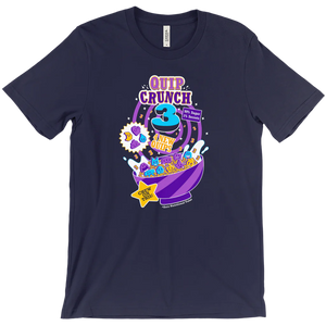 navy tee with Quip Crunch 3 breakfast cereal graphic print