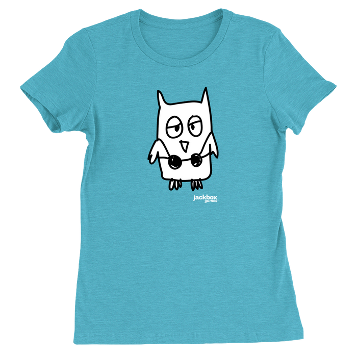 Heather turquoise women's t-shirt with black and white drawful owl character in the center