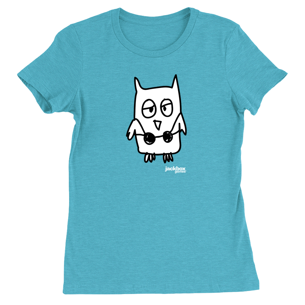 Heather turquoise women's t-shirt with black and white drawful owl character in the center