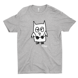 Heather grey tee with the Drawful owl character printed in black and white 