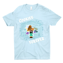 Light blue T-shirt featuring text that reads "Cookies Forever" and features an illustration of a cow chef, Moonique, from the Cookie Haus game 