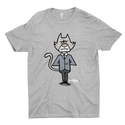 Heather grey tee with a large print of Mayoonaise, the cat host of Split the Room