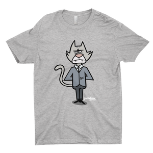 Heather grey tee with a large print of Mayoonaise, the cat host of Split the Room