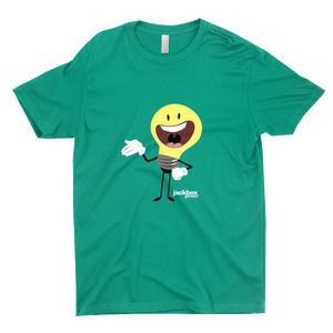 Kelly gree tee with a print of yellow light bulb character from Patently Stupid