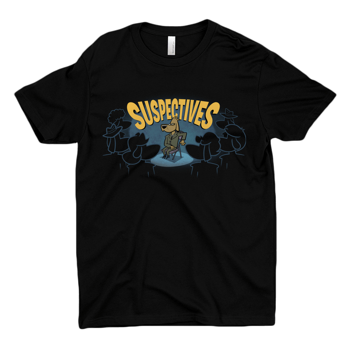Black t-shirt with 'Suspectives' graphic design on a black background with a cartoon dog in a suit. 
